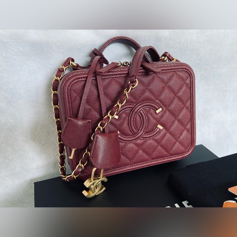 SOLD CHANEL Medium CC Filigree Vanity Case Burgundy Caviar Brushed Gold HWR BGHW
